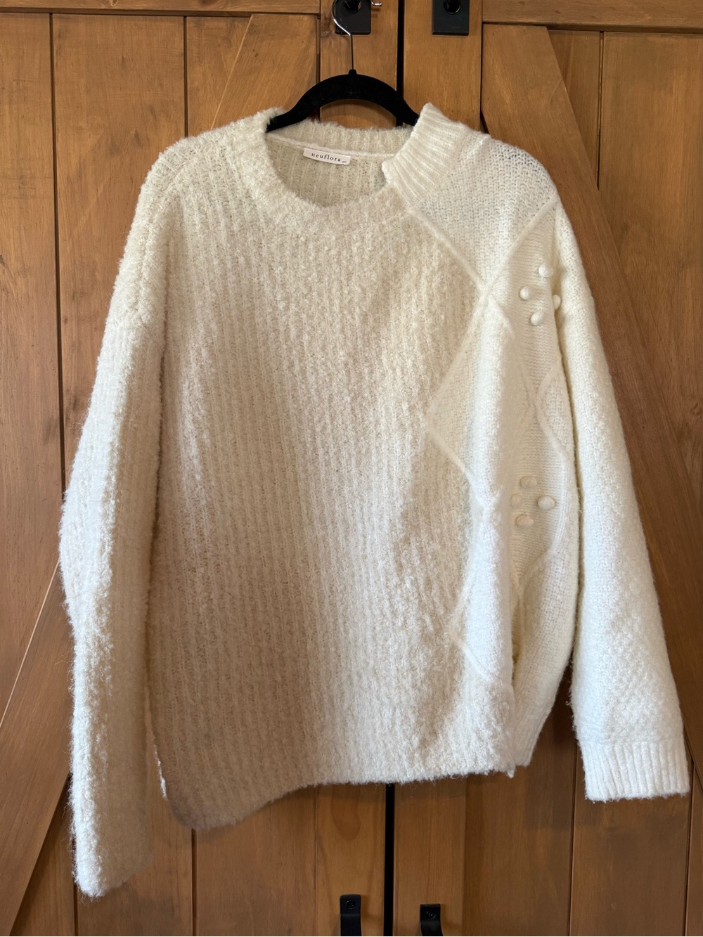 Neuflora Textured Cream Crewneck Sweater with Button Detail